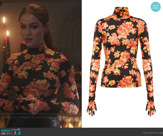 Vetements lack & Orange Acid Flower Turtleneck worn by Cheryl Blossom (Madelaine Petsch) on Riverdale