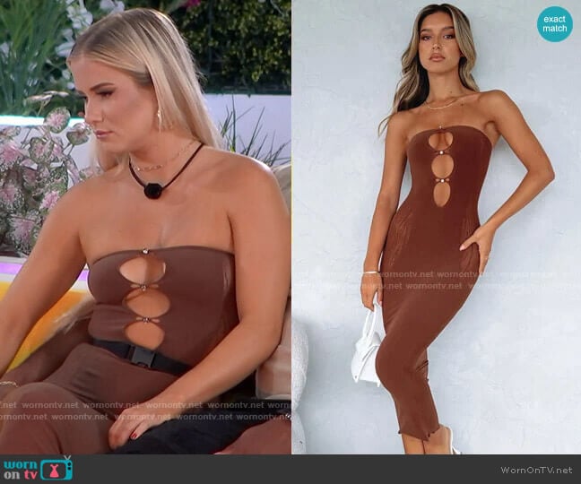 White Fox Your Peace Midi Dress in Chocolate worn by Deb Chubb on Love Island USA