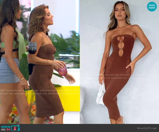 White Fox Your Peace Midi Dress in Chocolate worn by Katherine Gibson on Love Island USA