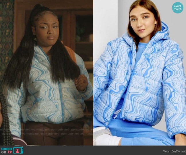 Wild Fable Puffer Jacket Blue Marble Hooded Quilted Coat