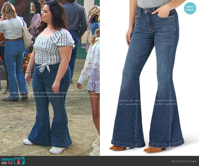 Wrangler Retro High Rise Trumpet Flare Jeans in Wyetta worn by Lou Hockhauser (Miranda May) on Bunkd
