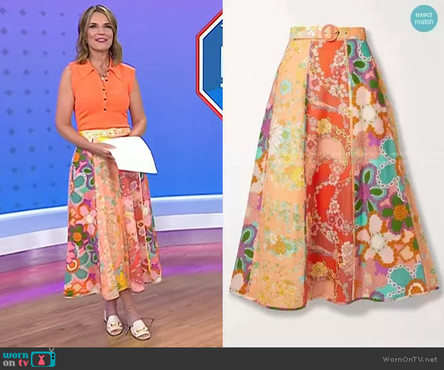 Zimmermann Lola Belted Paneled Floral-Print Linen Midi Skirt worn by Savannah Guthrie on Today