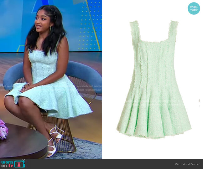 Aje Anais Boucle Tweed Mini Dress worn by Maitreyi Ramakrishnan on Good Morning America