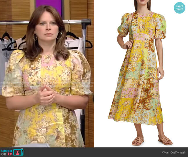 Alemais Matilde Floral Patchwork Linen Dress worn by Katie Lowes on Live with Kelly and Mark