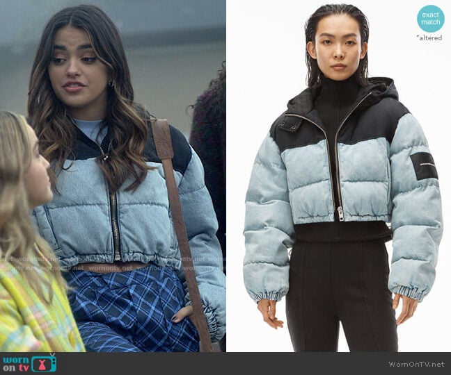 Alexander Wang Cropped Puffer Jacket in Denim worn by Noa Olivar (Maia Reficco) on Pretty Little Liars Original Sin