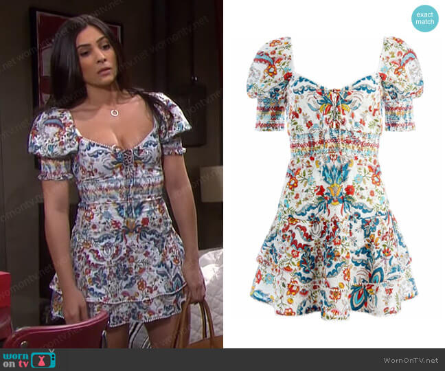 Alice + Olivia Crawford Sweetheart-Neck Print Dress worn by Gabi Hernandez (Camila Banus) on Days of our Lives