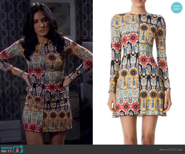 Alice + Olivia Delora Printed Long Sleeve Silk Minidress worn by Gabi Hernandez (Camila Banus) on Days of our Lives