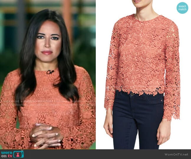 Alice + Olivia Pasha Long-Sleeve Jewel-Neck Blouse Top worn by Kaylee Hartung on Good Morning America