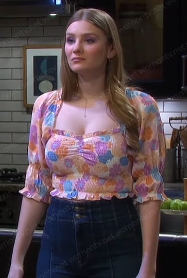 Allie’s floral smocked top and jeans on Days of our Lives