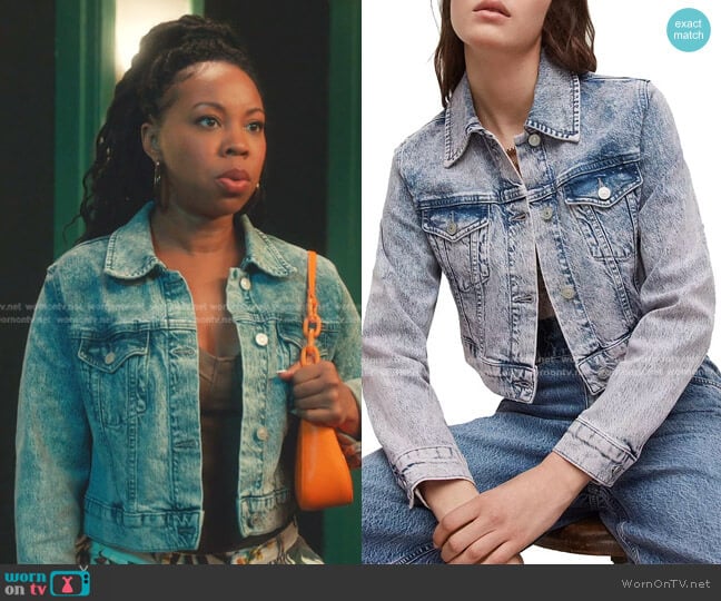 All Saints Jinx Cropped Denim Jacket in Tinted Indigo worn by Malika (Toccarra Cash) on Everythings Trash