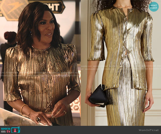 Altuzarra Adoni Cutout Pleated Lame Top worn by Lorraine Swift (April Parker Jones) on Tom Swift