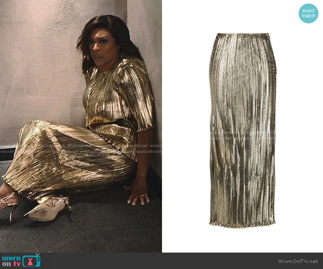 Altuzarra Pandia Lamé-Effect Long Skirt worn by Lorraine Swift (April Parker Jones) on Tom Swift