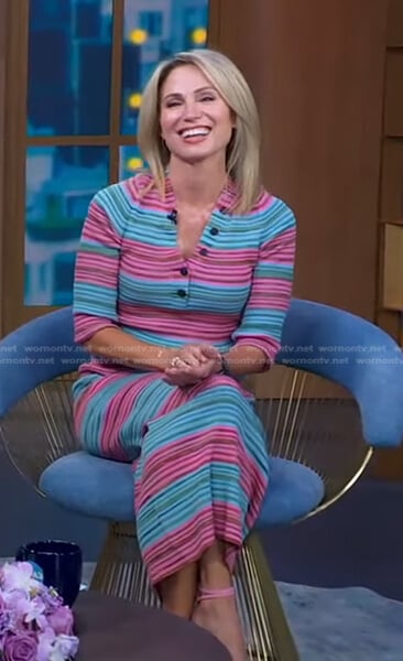 Amy’s blue and pink striped sweater and skirt on Good Morning America