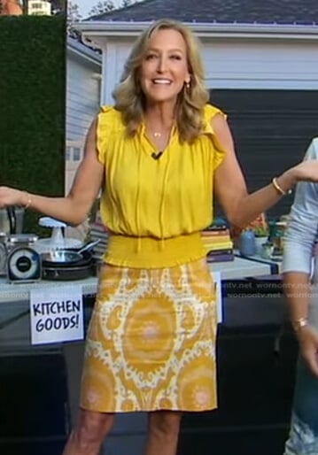 Lara’s yellow top and printed skirt on Good Morning America