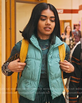 Aneesa’s blue mixed print top and hoodie on Never Have I Ever
