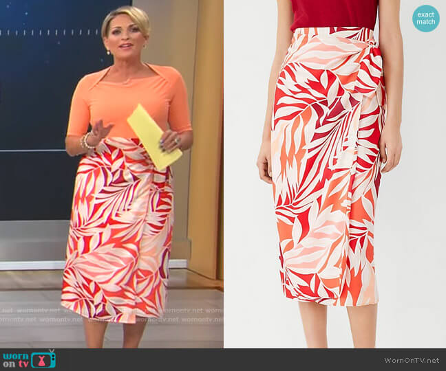Ann Taylor Tropical Sarong Wrap Midi Skirt in Tropical Coral worn by Jamie Yuccas on CBS Mornings