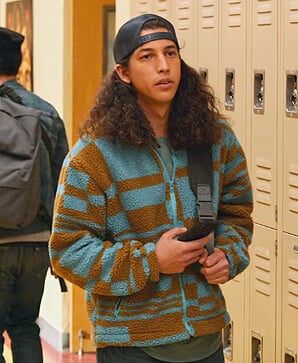 Trent’s blue print sherpa jacket on Never Have I Ever