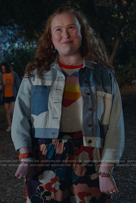 Ashlyn’s colorblock denim jacket and heart tee on High School Musical The Musical The Series