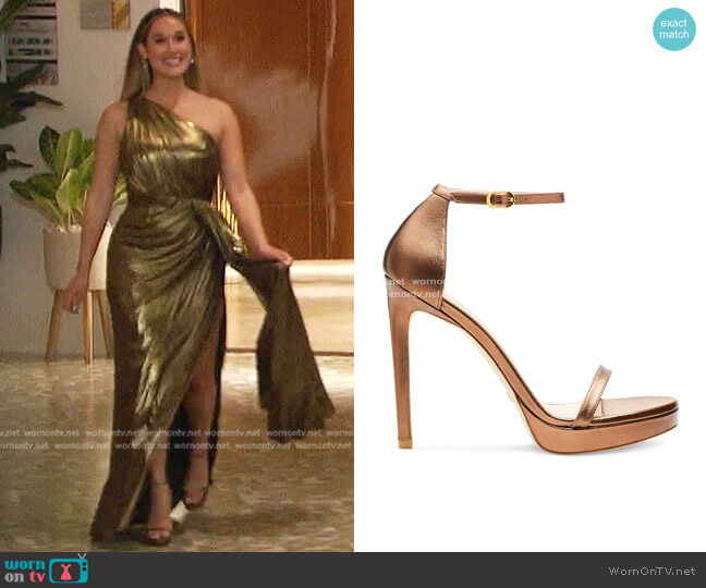 Stuart Weitzman Nudist Disco Metallic Platform Sandals worn by Rachel Recchia on The Bachelorette
