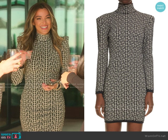 Balmain Monogram Jacquard Long Sleeve Wool Blend Minidress worn by Alex Halll (Alex Hall) on Selling the OC