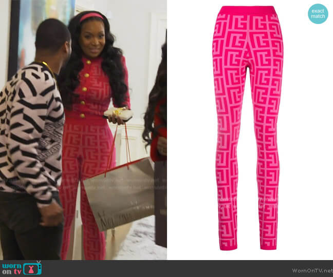 Balmain x Barbie monogram-knit leggings worn by Marlo Hampton on The Real Housewives of Atlanta