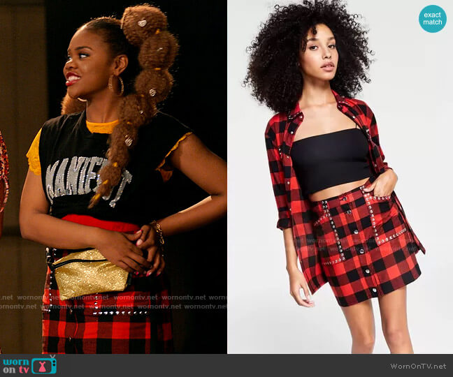 Bar III Buffalo Plaid Studded Mini Skirt worn by Kourtney (Dara Renee) on High School Musical The Musical The Series