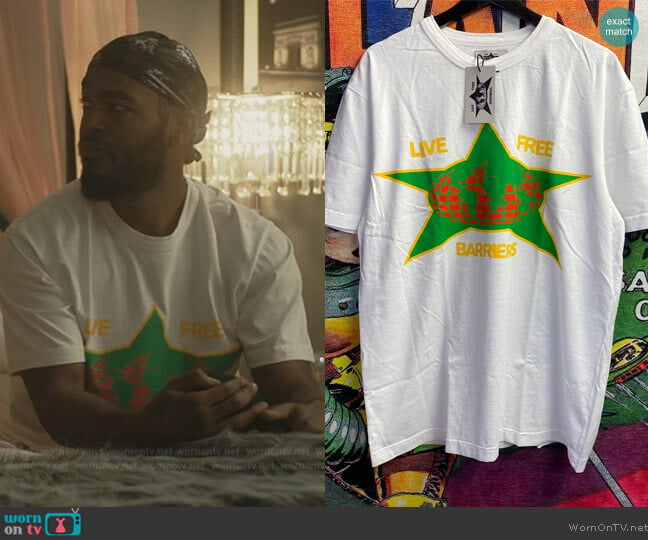 New Barriers White Logo Tee worn by Trig (Luke James) on The Chi