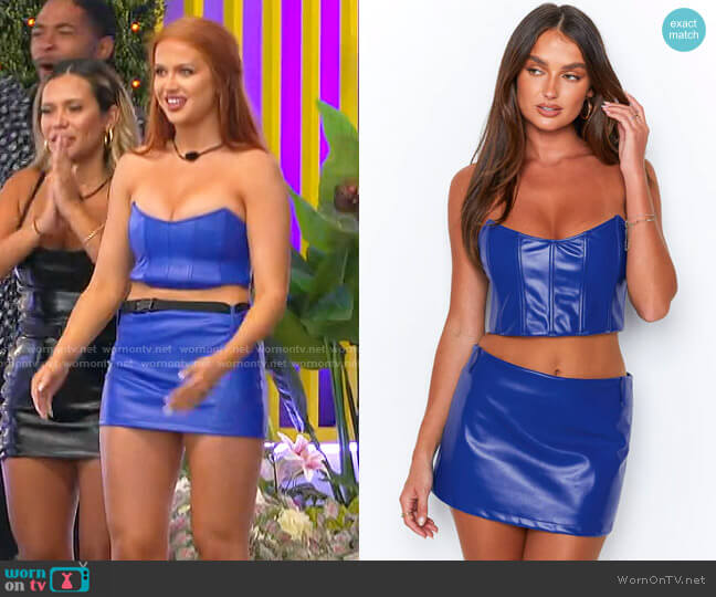 Beginning Boutique Bonita Blue PU Corset Top worn by Sydney Paight on Love Island USA