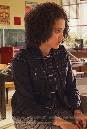 Fabiola’s black contrast stitch denim jacket on Never Have I Ever