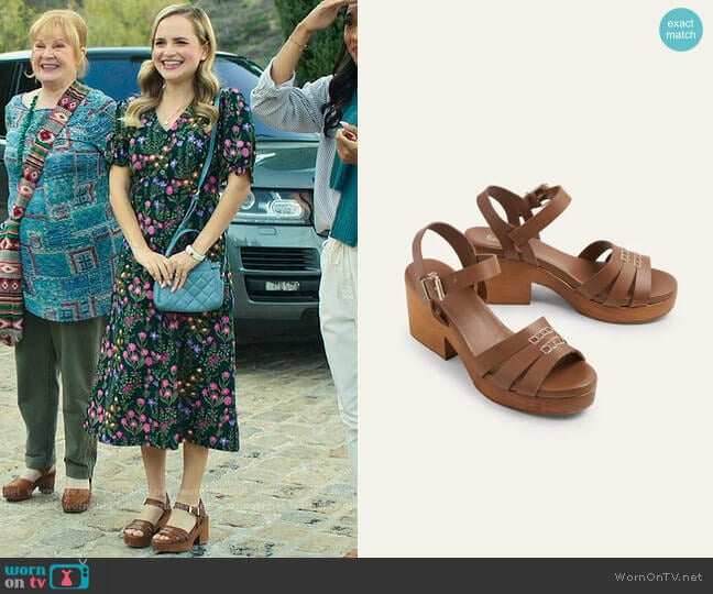 Boden Heeled Clog Sandals worn by Ainsley (Stephanie Styles) on Loot