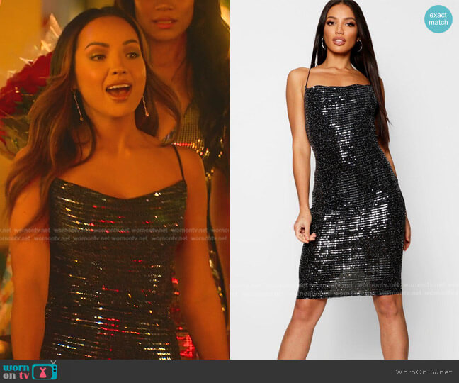Boohoo Sequin Glitter Print Cowl Midi Dress worn by Lauren Shortt (Lauren Shortt) on Selling the OC