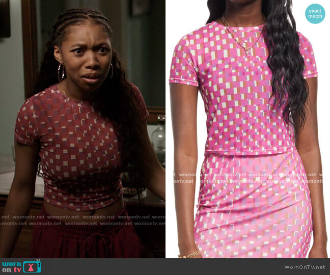 BP Mesh Crop Top in Pink Purple Prism Check worn by Maggie (Kyla Drew) on American Horror Stories