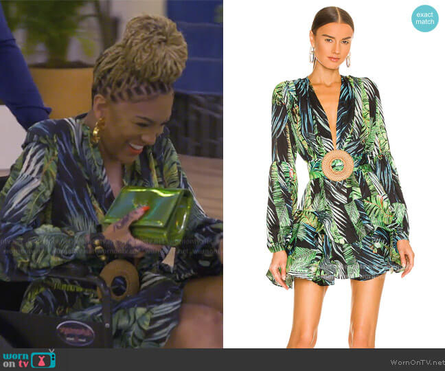 Bronx and Banco Jungle Ruffle Mini Dress worn by Drew Sidora on The Real Housewives of Atlanta