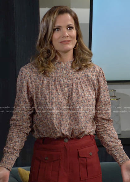 Chelsea’s beige floral button up top on The Young and the Restless