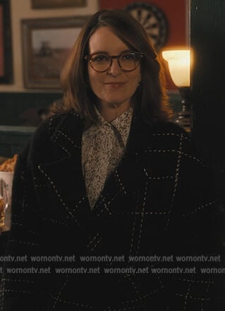 Cinda’s black check coat on Only Murders in the Building