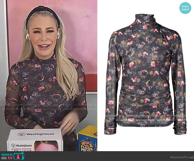 Cinq a Sept Ruched floral-print stretch-mesh turtleneck top worn by Sadie Murray on Extra