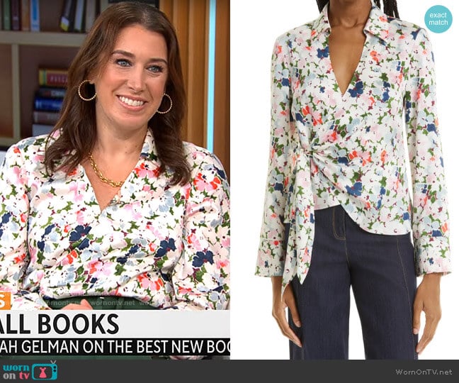 Cinq a Sept Rou Floral Print Wrap Blouse worn by Sarah Gelman on CBS Mornings