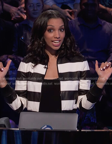 Corinne’s black and white stripe leather jacket on Beat Shazam