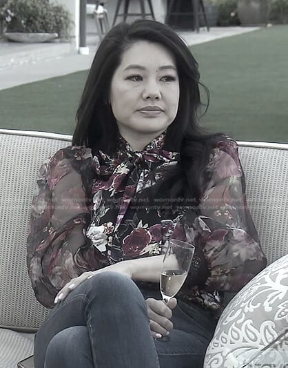 Crystal’s floral tie neck blouse on The Real Housewives of Beverly Hills