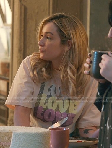 Davia’s pink Love print tee on Good Trouble