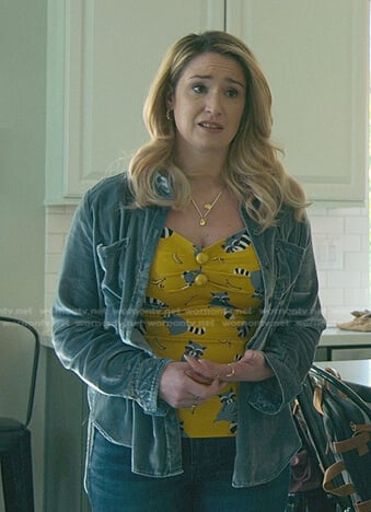 Davia’s yellow banana print top and blue shirt on Good Trouble