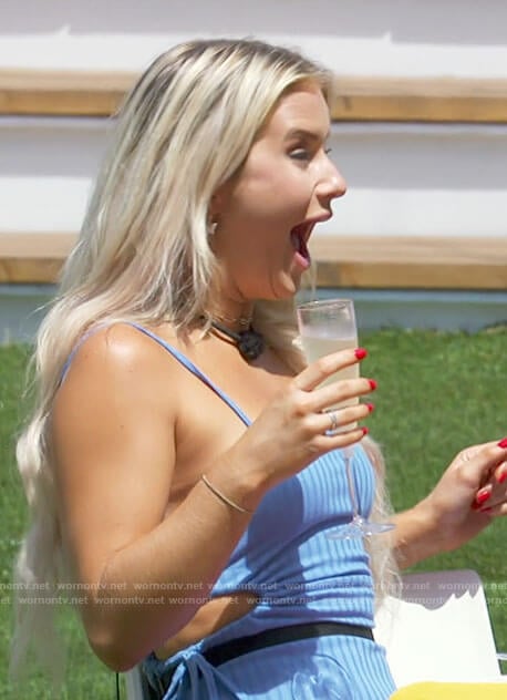 Deb’s blue maxi dress with side cutouts on Love Island USA