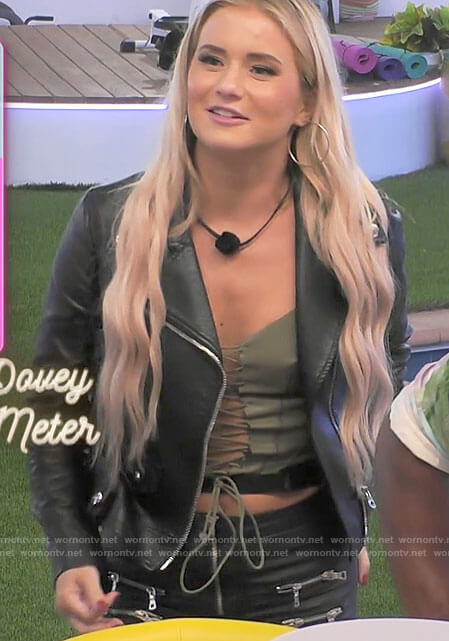 Deb’s green lace-up corset top and leather pants on Love Island USA