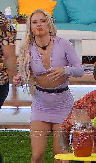Deb’s lilac long sleeve mini dress with cutout waist on Love Island USA