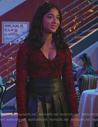 Devi’s black leather mini skirt on Never Have I Ever