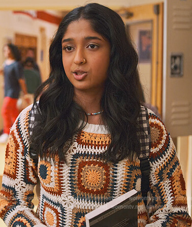 Devi’s crochet knit sweater on Never Have I Ever