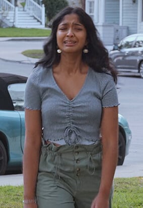 Devi’s gray ruched front top on Never Have I Ever
