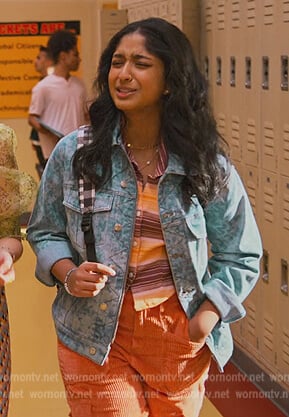 Devi’s printed denim jacket on Never Have I Ever