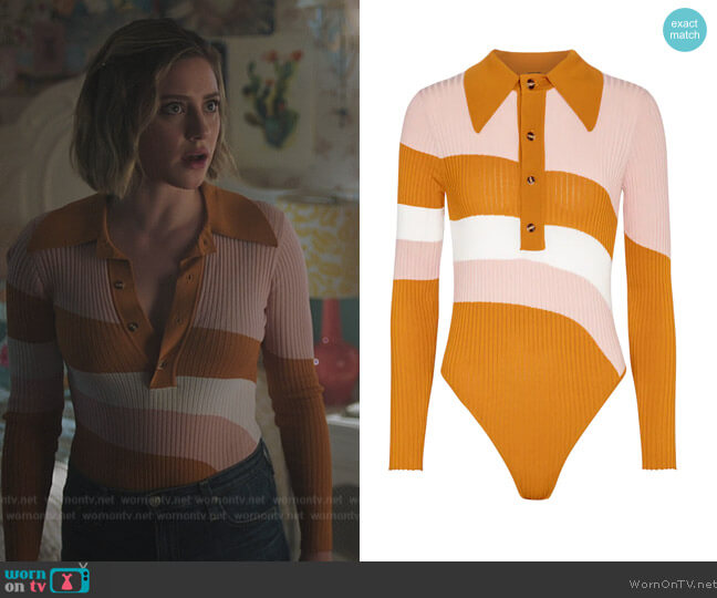 Dodo Bar Or Striped polo shirt bodysuit worn by Betty Cooper (Lili Reinhart) on Riverdale