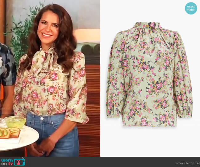 Dolce & Gabbana Pussy-bow gathered floral-print silk-crepe blouse worn by Karina Heinrich on E! News
